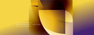 Soyut tasarım canlı sarı, turuncu ve mor renkleri içerir. Üst üste binen şekiller dinamik görsel efekt yaratır. Modern, pürüzsüz geçişler.