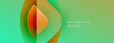 Soyut gradyan şekiller çakışıyor. Teal, turuncu renkler tasarımda baskın. Minimum metin arkaplan ögesini gösterir. Modern estetik.