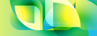 Soyut enerjik tasarım. Üst üste binen şekiller dinamik görsel efekt yaratır. Yeşil, sarı, mavi renkler kompozisyona hakim. Modern estetik.