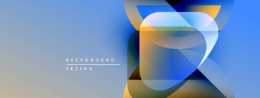 Soyut geometrik şekiller örtüşüyor, canlı renk eğimleri yaratıyor. Yumuşak maviler altın aksanlı arka planda baskın gelir. Minimalist tasarım.