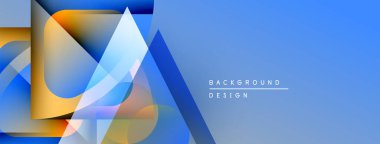 Soyut geometrik şekiller örtüşerek dinamik mavi gradyan arkaplan oluşturur. Metin arka plan tasarımı okur. Modern görsel kompozisyon.