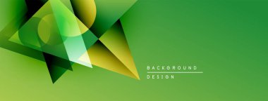 Soyut geometrik şekiller örtüşür, dinamik yeşil gradyan arkaplan oluşturur. Metin arka plan tasarımı okur. Minimalist tarz, modern estetik.