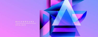 Soyut geometrik şekiller örtüşüyor, canlı mor ve mavi renkler yaratıyor. Tasarım özellikleri katmanlı üçgenler, dikdörtgenler, metin elemanları. Modern estetik.
