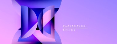 Soyut geometrik tasarım. Mor renkler karışıyor, katmanlı şekiller yaratıyor. Modern estetik, arka planlar ve sunumlar için uygun..