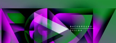 Soyut geometrik şekiller canlı mor, yeşil renkleri harmanlarlar. Modern tasarım üst üste binen katmanlar, gradyanlar, metin ögeleri.