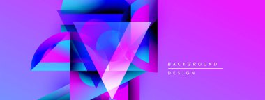 Soyut geometrik bileşim. Canlı mor, mavi renkler dinamik görsel efekt yaratır. Modern tasarım elementleri teknoloji ve yenilik öneriyor.