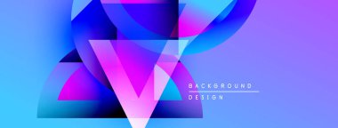 Soyut canlı tasarım, üst üste binen şekiller, gradyanlar. Mavi, mor, pembe renkler dinamik görsel efekt yaratır. Modern estetik.