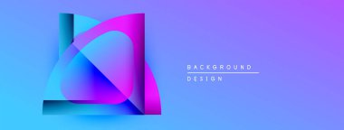 Soyut geometrik tasarım. Mavi, mor renkler katmanlı şekiller yaratır. Modern estetik, arka planlar ve sunumlar için uygun..