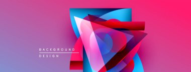 Soyut geometrik şekiller örtüşüyor, canlı renk eğimleri yaratıyor. Pembe, mavi, kırmızı renkler tasarımda baskın. Modern estetik.