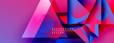 Soyut geometrik şekiller örtüşür, canlı gradyanlar yaratır. Pembe, mavi, mor renkler tasarımda baskın. Metin arkaplan tasarımı okur.