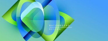 Soyut geometrik şekiller örtüşür, parlak mavi, yeşil eğimler yaratır. Arkaplan ve sunumlar için modern tasarım ögesi.