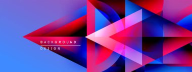 Soyut geometrik şekiller örtüşür, parlak mavi, kırmızı ve pembe renkler yaratır. Arkaplan ve sunumlar için modern tasarım ögesi.