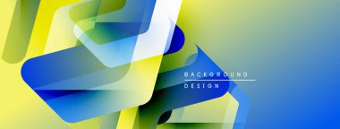 Soyut geometrik şekiller örtüşüyor, canlı renk eğimleri yaratıyor. Sarılar, maviler, yeşiller düzgün bir şekilde harmanlanır. Modern tasarım ögesi.