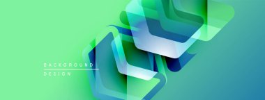 Soyut geometrik şekiller örtüşüyor, canlı yeşil, mavi renkler yaratıyor. Modern tasarım elementleri teknoloji ve yenilik öneriyor. Mevcut en küçük metin.