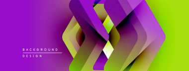 Soyut geometrik tasarım. Canlı mor, yeşil renkler katmanlı etki yaratır. Dijital projeler için modern arkaplan.