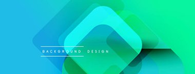 Soyut geometrik şekiller örtüşür, parlak mavi, yeşil eğimler yaratır. Metin, kompozisyon içerisindeki arkaplan tasarımını okur.