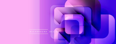 Soyut geometrik şekiller üst üste binerek canlı mor gradyan oluşturur. Modern tasarım elementleri teknoloji, yenilik, akıcılık öneriyor.