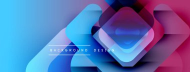 Soyut geometrik şekiller canlı mavileri, pembeleri, morları harmanlarlar. Modern tasarım üst üste binen kareler, gradyanlar, metin ögeleri.