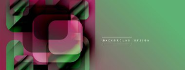 Soyut geometrik tasarım. Üst üste binen kareler, dikdörtgenler katmanlı etki yaratır. Yeşil, pembe renkler kompozisyona hakim. Modern görsel biçim.