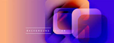 Soyut geometrik şekiller örtüşüyor, canlı renk eğimleri yaratıyor. Şeftali, mor, mavi renkler dizaynda baskın. Minimalist stil.