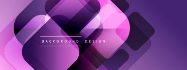 Soyut geometrik şekiller örtüşür, canlı mor gradyan arkaplan oluşturur. Modern tasarım elementleri teknoloji ve yenilik öneriyor.
