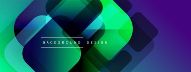 Soyut geometrik şekiller örtüşür, canlı gradyanlar yaratır. Mavi, yeşil, mor renkler tasarımda baskın. Modern estetik.