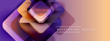 Soyut geometrik şekiller örtüşür, canlı bir gradyan arkaplan oluşturur. Mor, turuncu renkler tasarımda baskın. Modern estetik.
