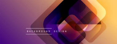 Soyut geometrik şekiller mor ve turuncu renkleri harmanlarlar. Modern tasarım katmanlı kareler, daireler ve metin içerir. Canlı gradyanlar dinamik görsel efekt yaratır.