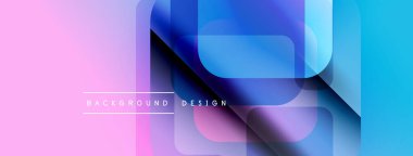Soyut geometrik şekiller pembe ve mavi renkleri harmanlarlar. Modern tasarım üst üste binen katmanlar, gradyanlar, metin elementleri içerir. Minimalist estetik.