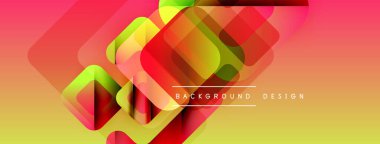 Soyut geometrik şekiller örtüşüyor, canlı renk eğimleri yaratıyor. Sarı, kırmızı, yeşil renkler tasarımda baskın. Modern estetik.