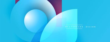 Soyut mavi tasarım, üst üste binen daireler, kareler. Gradyan gölgeler derinlik yaratır, modern estetik. Minimalist kompozisyon, canlı renkler.