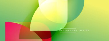 Soyut renkli arkaplan. Üst üste binen şekiller, yeşil, sarı ve kırmızı renkleri harmanlayarak canlı gradyanlar oluşturur. Modern tasarım ögesi.