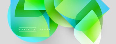 Soyut geometrik şekiller örtüşüyor, canlı yeşil, mavi renkler yaratıyor. Arkaplanda metin arkaplan tasarımı var. Modern, dinamik görsel kompozisyon.