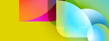 Soyut renkli şekiller örtüşür, dinamik görsel efekt yaratır. Sarı, yeşil, mavi, turuncu renkler kompozisyona hakim. Modern tasarım ögesi.