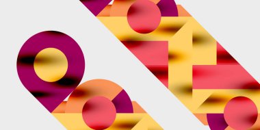 Daireler, dikdörtgenler, sıcak renkler içeren soyut bir kompozisyon. Gradyan gölgeler dinamik görsel efekt yaratır. Siyah arkaplanda minimalist tasarım.