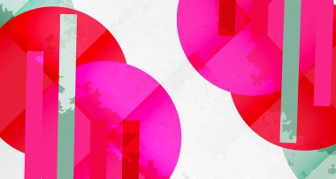 Soyut kompozisyon. Üst üste binen daireler, dikdörtgenler, canlı pembeler, kırmızılar, deniz mavisi. Desenli arka plan dinamik görsel efekt yaratır.