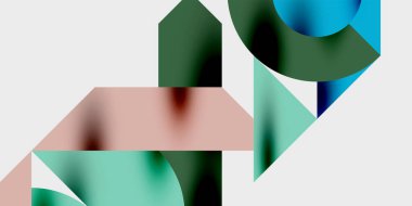 Soyut geometrik şekiller üst üste binerek katmanlı görsel efekt yaratır. Renkler arasında deniz mavisi, pembe, koyu yeşil, mavi. Minimalist tasarım.