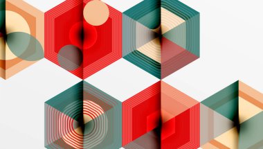 Geometrik altıgenler çakışıyor ve canlı desenler yaratıyor. Kırmızı, deniz mavisi, bej renkleri tasarımda baskın. Minimalist tarz, modern estetik.