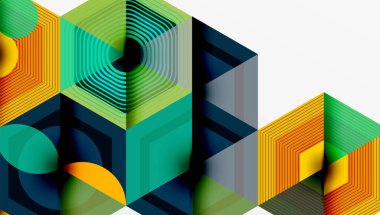 Soyut geometrik şekiller, canlı renkler, katmanlı tasarım. Altıgenler, çizgiler optik yanılsama, modern estetik.