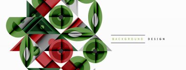 Soyut geometrik desen. Yeşil, kırmızı şekiller modern tasarım yaratıyor. Temiz beyaz arkaplan karşıtlık sağlar.