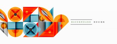 Geometrik şekiller üst üste binerek modern soyut tasarım yaratır. Turuncu, mavi renkler kompozisyona hakim. Minimalist tarz, mevcut temiz çizgiler.