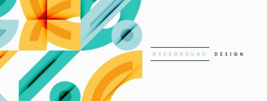Soyut geometrik şekiller örtüşür ve canlı bir tasarım yaratır. Turkuaz, turuncu renkler beyaz alana hakim. Modern estetik.