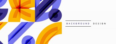 Soyut geometrik şekiller örtüşür, canlı renk zıtlıkları yaratır. Modern tasarım elementleri dinamik bileşimi önerir.