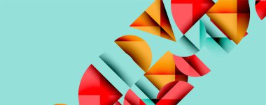 Soyut geometrik şekiller örtüşür, dinamik bileşim yaratır. Renkler arasında kırmızı, turuncu, açık mavi zemine karşı deniz mavisi yer alıyor. Modern tasarım.