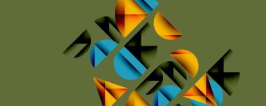 Soyut geometrik şekiller metni oluşturur. Renkler arasında turuncu, deniz mavisi, koyu gölgeler var. Arka plan sessiz zeytin yeşilidir. Minimalist tasarım.