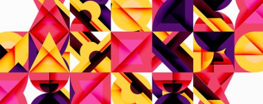 Soyut geometrik desen. Canlı renkler dinamik bileşim yaratır. Şekiller örtüşüyor, karmaşık görsel doku oluşturuyor. Modern tasarım ögesi.