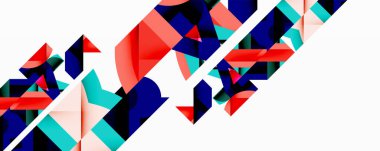 Soyut geometrik şekiller örtüşür, dinamik bileşim yaratır. Kırmızı, mavi, deniz mavisi renkleri beyaz arkaplana hükmediyor. Modern tasarım elemanları.