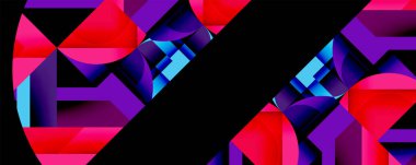 Soyut geometrik şekiller, canlı renkler, kırmızı, mor, mavi gradyanlar. Modern tasarım, dijital illüstrasyon, sanatsal kompozisyon.