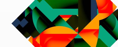 Soyut kompozisyon. Geometrik şekiller örtüşür, canlı renk etkileşimi yaratır. Modern tasarım, cesur biçimler, dinamik görsel deneyim.