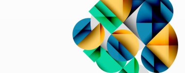 Soyut geometrik şekiller örtüşür, canlı renk karışımları yaratır. Teal, altın, mavi baskın kompozisyon. Minimalist tasarım.